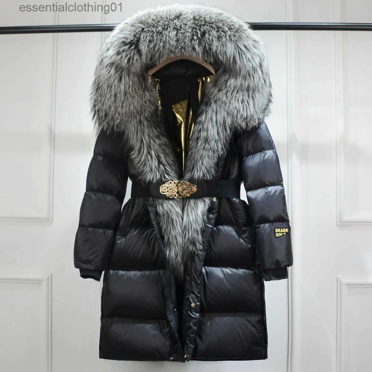 Women's Down Parkas Lagabogy 2023 Vinterkvinnor varm puffer kappa fe tick down jacka lyx långa ytterkläder vattentätt bälte parkas äkta päls l231102