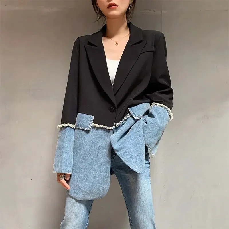 Misturas de lã feminina superaen verão outono retro denim retalhos preto solto fino entalhado completo casual blazer jaqueta feminina 231101