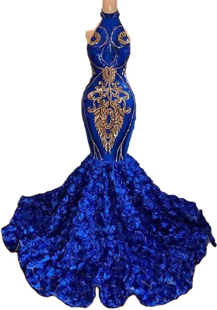 Luxury Royal Blue Sequin Prom Dress For Black Girls With Florals Bottom 2023 Hater Neck Mermaid Aso Ebi Evening Gowns Sparkle Backless Formal Party Occasion Wear