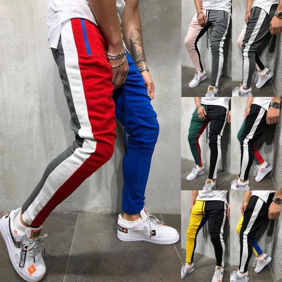 Pantalon de sport en polaire pour hommes, poches zippées, coupe Slim, couleurs contrastées, bas de jogging, M-XXL178e
