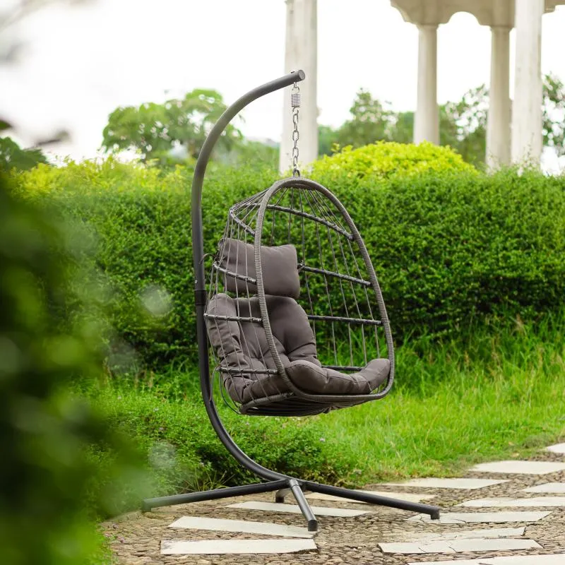 Camp Furniture Outdoor Patio Wicker Hanging Chair Swing Egg UV Resistant Dark Grey Cushion Aluminum Frame