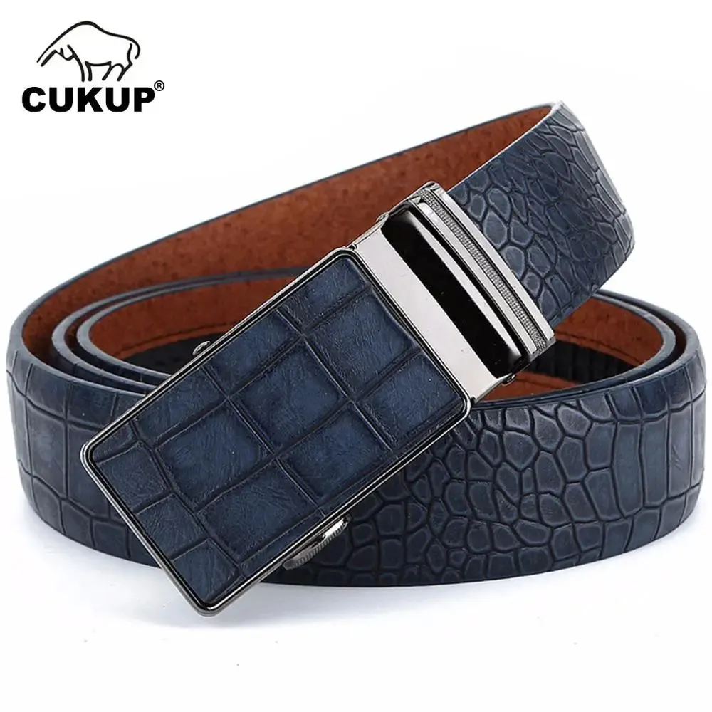 Belts CUKUP Men's Leather Cover Automatic Buckle Metal Quality Stripes Blue Cow Skin Accessories Belt for Men NCK133 231101