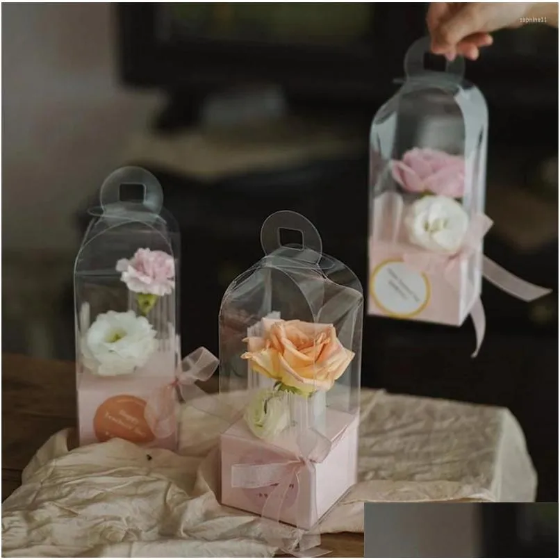 Emballage cadeau Emballage cadeau 10pcs Rose Fleur Transparent PVC Boîte Phare Portable Arrangement Emballage Valentine Bouquet Drop Livraison Ho Dhgbq