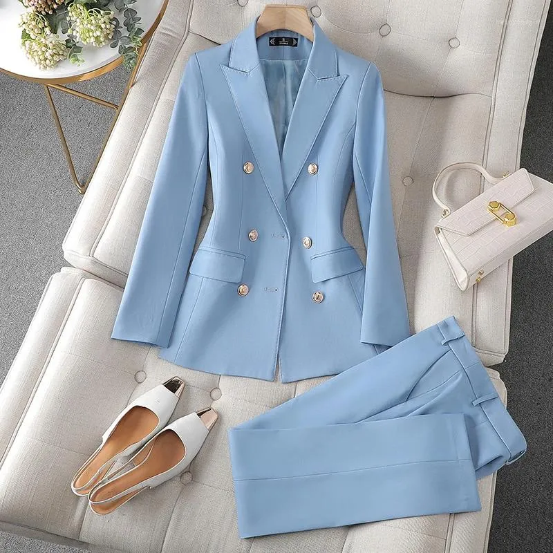 Kvinnors tvåstycksbyxor 2023 Blazers Women Office Pant Suits Korean Fashion Long Sleeve Double Breasted Slim Blazer Casual Blue 2