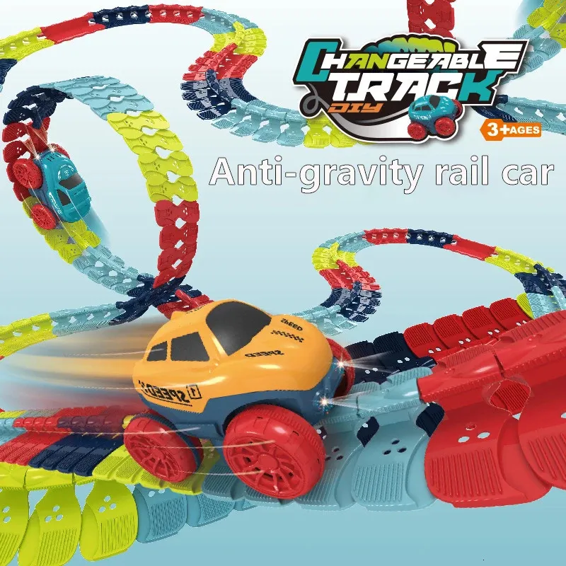 Diecast Model Cars Laddningsbara spårbilar för pojke flexibelt spår med LED-lysande racerbilset Anti-Gravity Assembled Track Car Gift for Children 231101