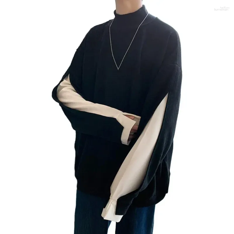 Men's Hoodies 897504629 Sweat-shirt de Style coréen pour hommes, col haut, Protection du cou, couleur assortie, Patchwork, manches longues, ample et chaud