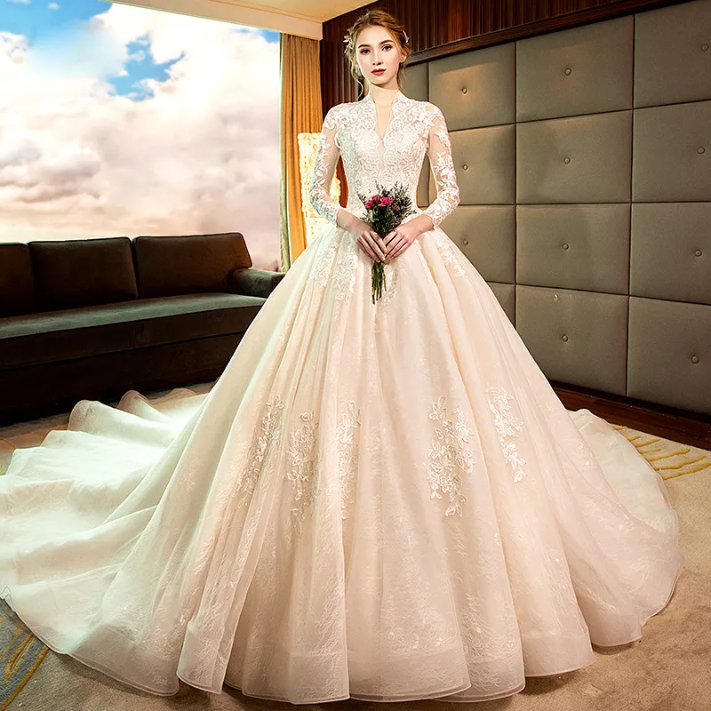 Luksusowa suknia balowa Dubai suknie ślubne z długim rękawem koronki Sheer Crystal Szyja Kryształowy koralikowatymi suknie ślubne koronkowe cekinowe designer elegancki vestido de novias