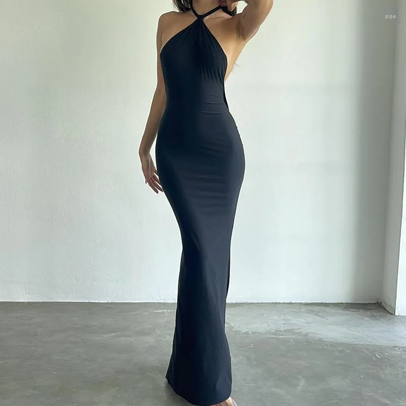 Vestidos casuais amarram o halter backless maxi para mulher 2023 verão elegante festa sexy preto vestido de noite longa