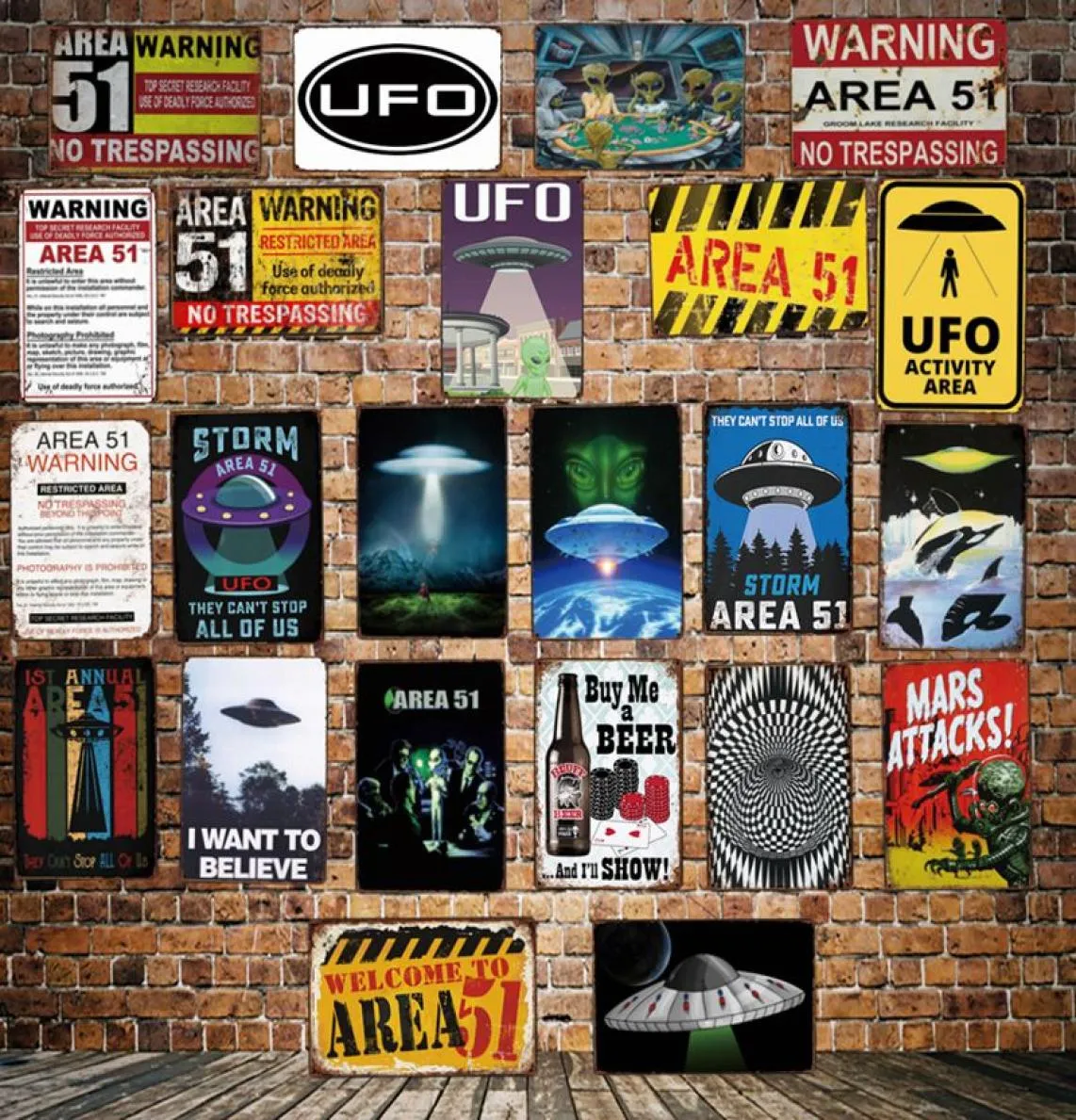 UFOストーム51エリアレトロスズサインウォールポスターアートヴィンテージペインティングパーソナリティカスタムメタルプラーク装飾6712954