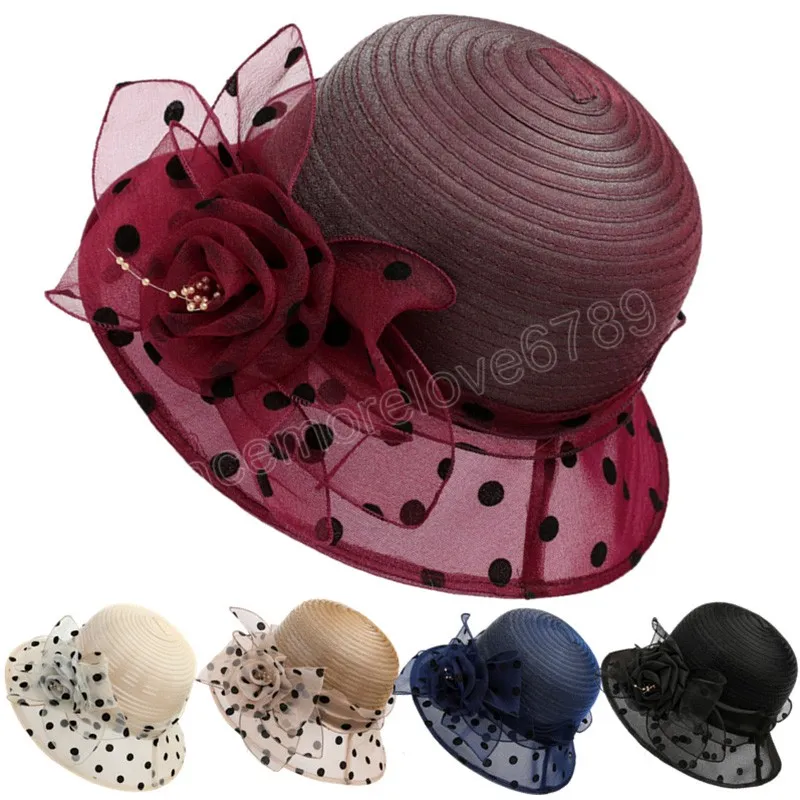 Fashion Fisherman Caps Floral Organza Dot Mesh Church Hat For Women Foldbar Wedding Party Hat Summer Beach Protection Sun Cap