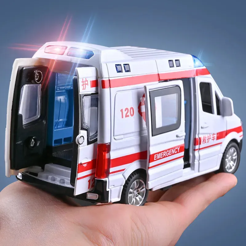 Diecast Model Car 1 32 Simulering Ambulansmodelllegering Pull Back Sound and Light Die-Casting Car Toy Special Car Children's Toy Gift 231101