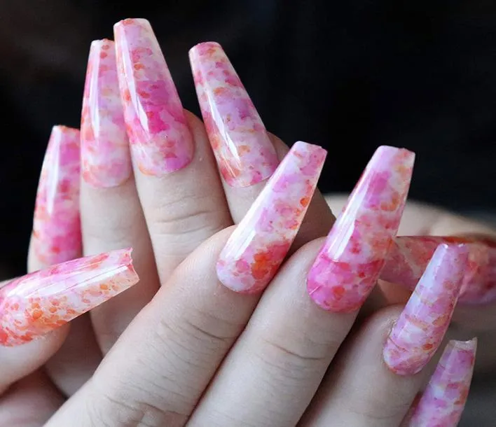 24 piezas de uñas acrílicas Ombre con diseño de bailarina larga natural ataúd uñas postizas cubierta completa arte de uñas para mujeres y G7115878