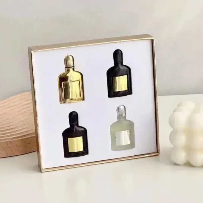 Top-Qualität Marken-Parfüm-Sets für Männer. Duft: 4 x 10 ml, schwarze Orchidee, graues Vetiver, goldene lila Flasche, Samt-Orchideen-Parfüm, langanhaltender Geruch, 4-in-1-Set