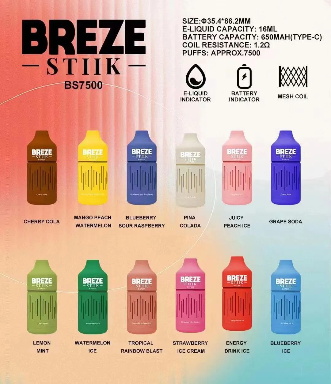 Orijinal Brezz Stiik BS7500 Puf E Sigara 80mg Tek Kullanımlık Vape Kalem 650mAh Şarj Edilebilir Pil 12% 5 kapasite 16ml. Juicy Peach Buz