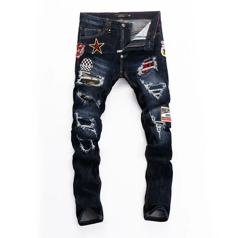 Jeans da uomo Abbigliamento da uomo Pantaloni in denim per uomo Bottone metallico Cerniera Ricamo Pantaloni da festa da ballo Slim Blu PP Vestiti da cowboy Foro grigio Baffo di gatto 1978 Alla moda