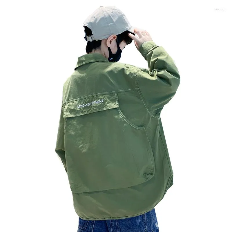 Jackets Maat 120-170 Big Boys Design Zwart/Green Backpack Pocket Collar Shirt Coats Fashion Streetwear Outfit 13 14Years