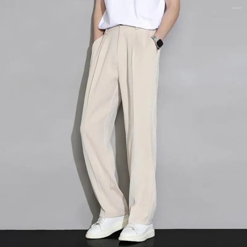 Pantalones para hombres Traje para hombres Pantalones de negocios de pierna ancha de seda de hielo con bolsillos de cintura elástica Casual largo para estilo delgado drapeado