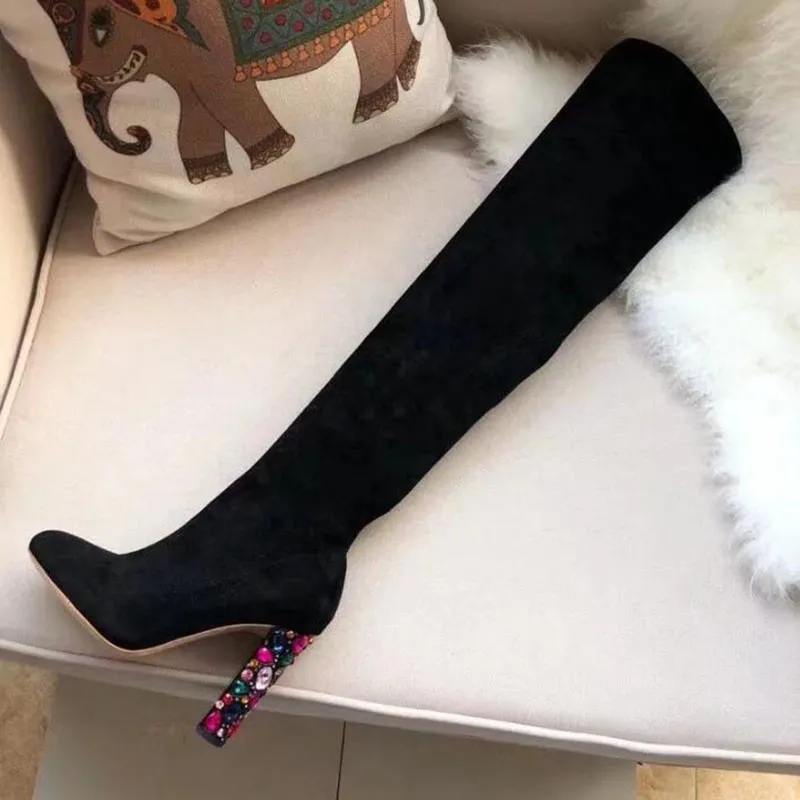 Designer mulheres sobre o joelho botas senhora sexy chelsea booty saltos altos mulheres tornozelo botas curtas pontiagudas bombas de strass de luxo fundo com caixa