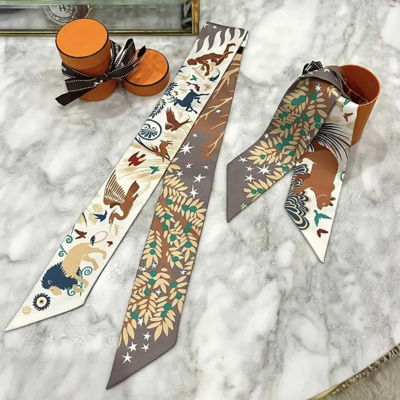 Sarongs New Fashion All-match Korean Version Mayan Jungle Animals silk scarf Twill Long Strip Small Scarf Tie Bind a bag Ribbon Streamer P230323