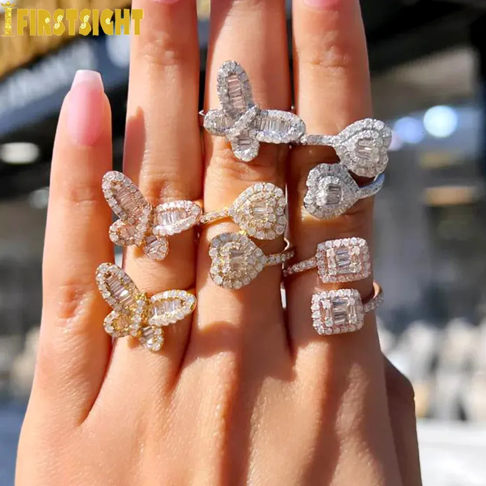 Anéis de banda Iced Out Bling Retângulo CZ Coração Anel Ouro Prata Cor Micro Pave Aberto Tamanho Ajustável Quadrado Moda Mulheres Jóias 231102