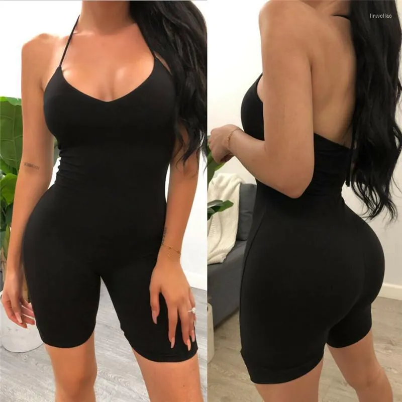 Women's Jumpsuits & Rompers Women Summer Slim Fit Romper Shorts Halter Black Sling Backless Elastic Fitness Overalls Tracksuit