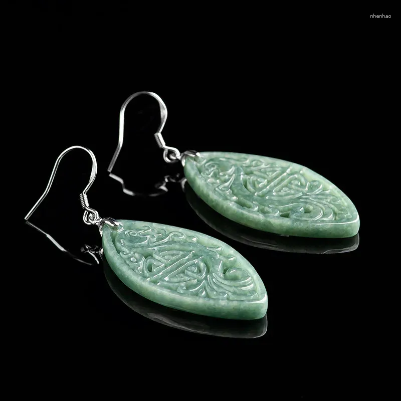 Kolczyki Dangle Birmese jadean kobiety jadeite vintage amulet 925 srebrna naturalna biżuteria zielona zielona akcesoria