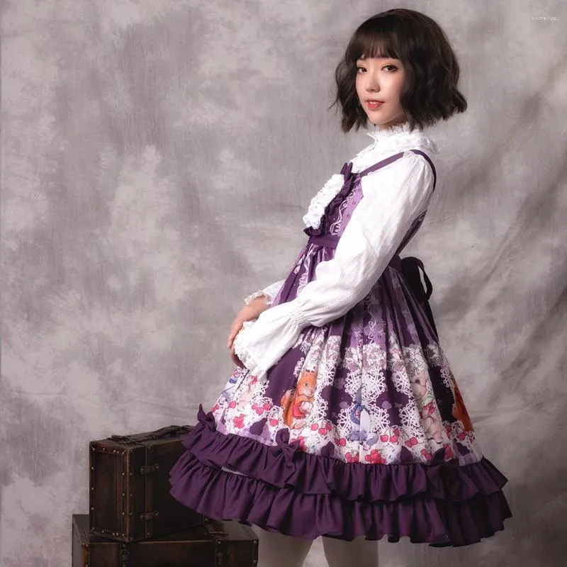 Costume a tema 2023 Donne originali Viola senza maniche Stampa Bowknot Carino Sweet Lolita Dress Anno Loto e T-shirt Set