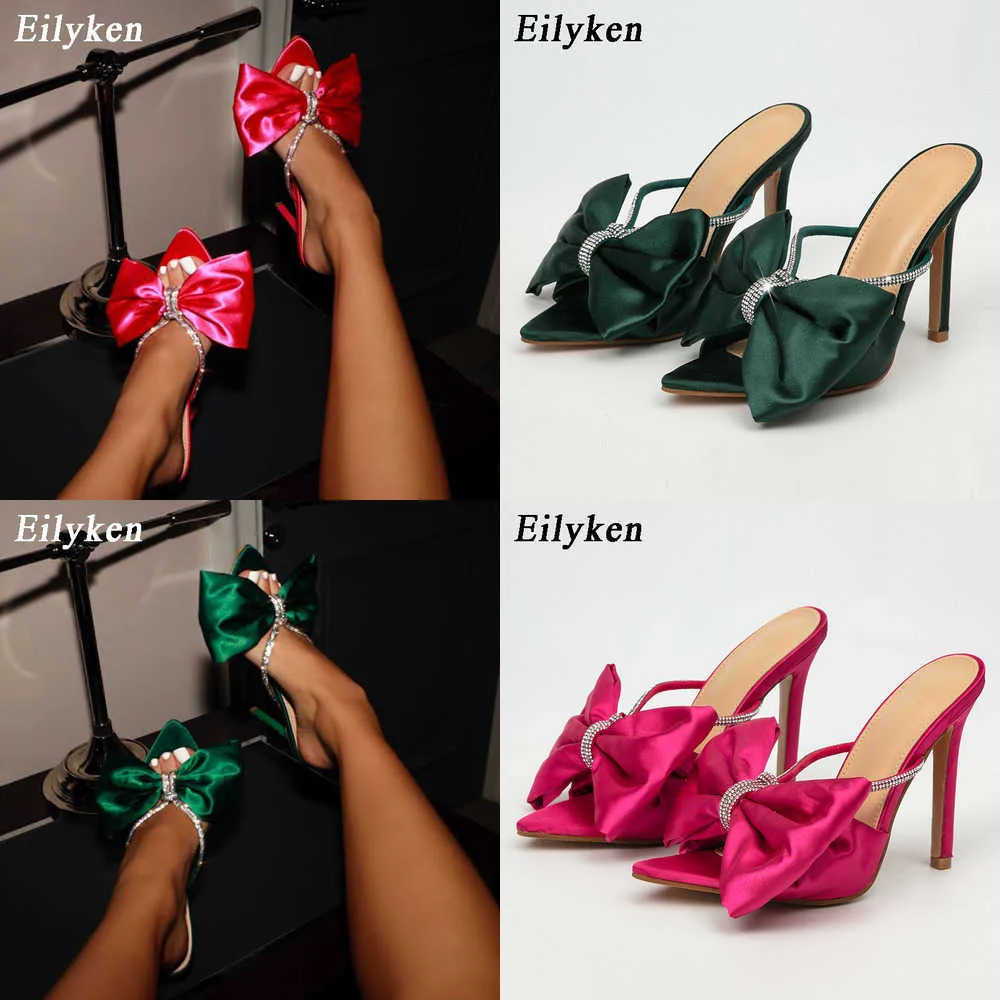 Sandaler Silk Crystal Butterfly-Knot Mule High Heels Slippers Sandaler Point Toe Strappy Slides Party Women Shoes 230316