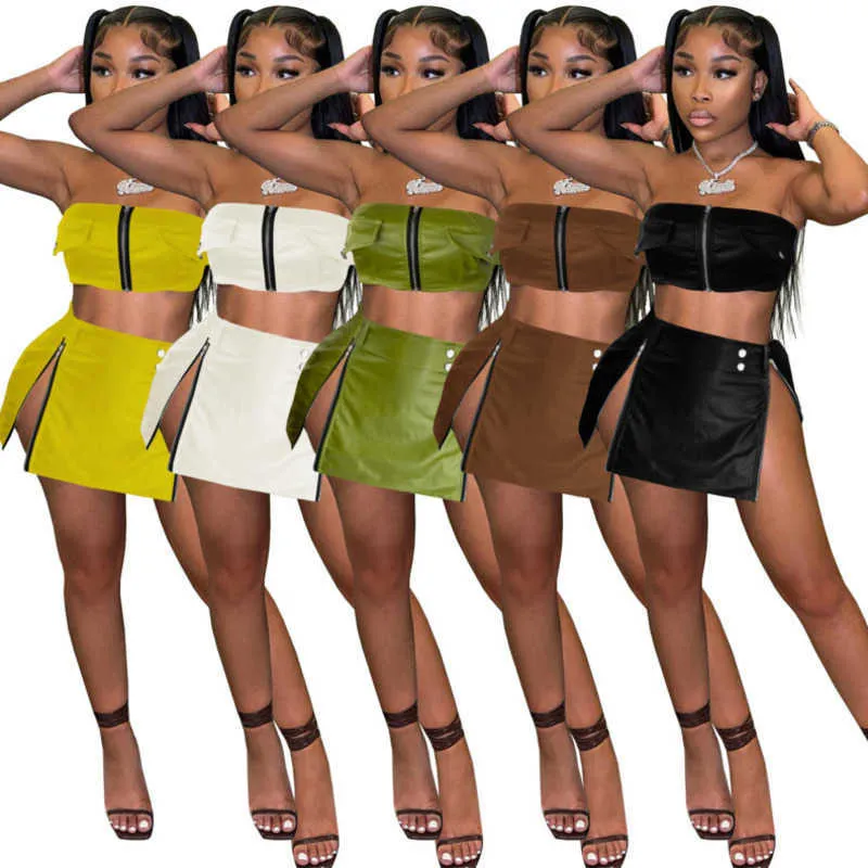 Designer Women Two Piece Dress Crop Top PU Lederen Zipper Belt Slit 2 -delige rok Set sexy outfits