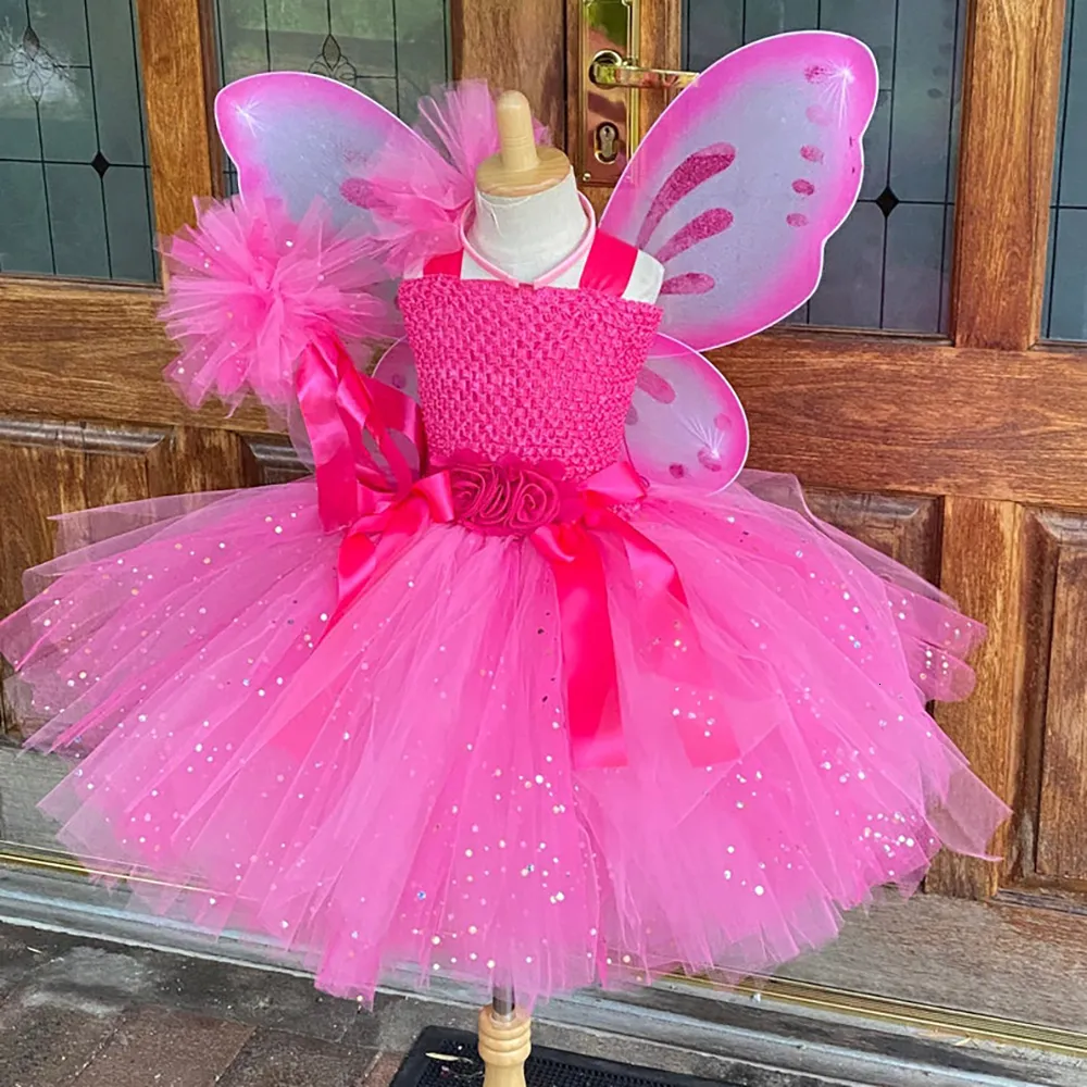 Girl's Dresses Girls Pink Glitter Tulle Dress Kids Butterfly Fairy Tutu  Dresses with Wing and Stick Hairbow Children Halloween Cosplay Costume  230403
