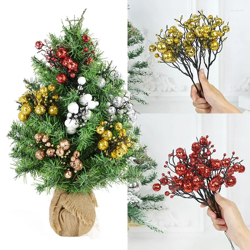 Flores decorativas 1/2pcs de simulação de natal lantejas de berry berry glitter dourado pó de pó de ramo ramo de natal de árvore de árvore decoração