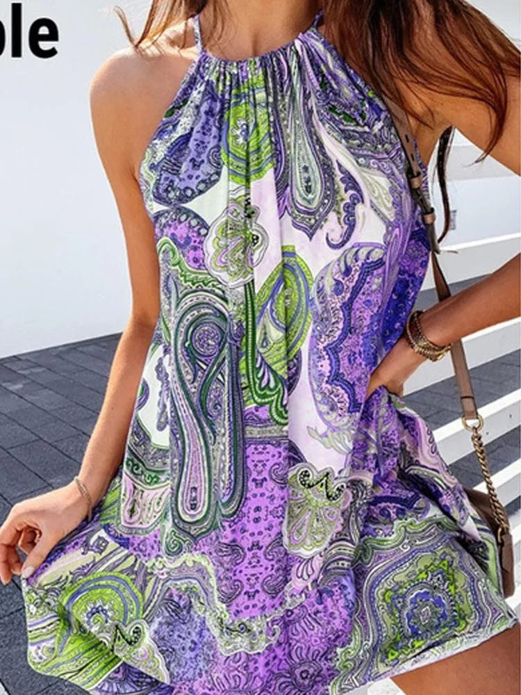 Casual Dresses Women Beach Sexy Loose Hollow Out Dress Sleeveless Party Summer Boho Print Halter Folds Mini VestidoCasual