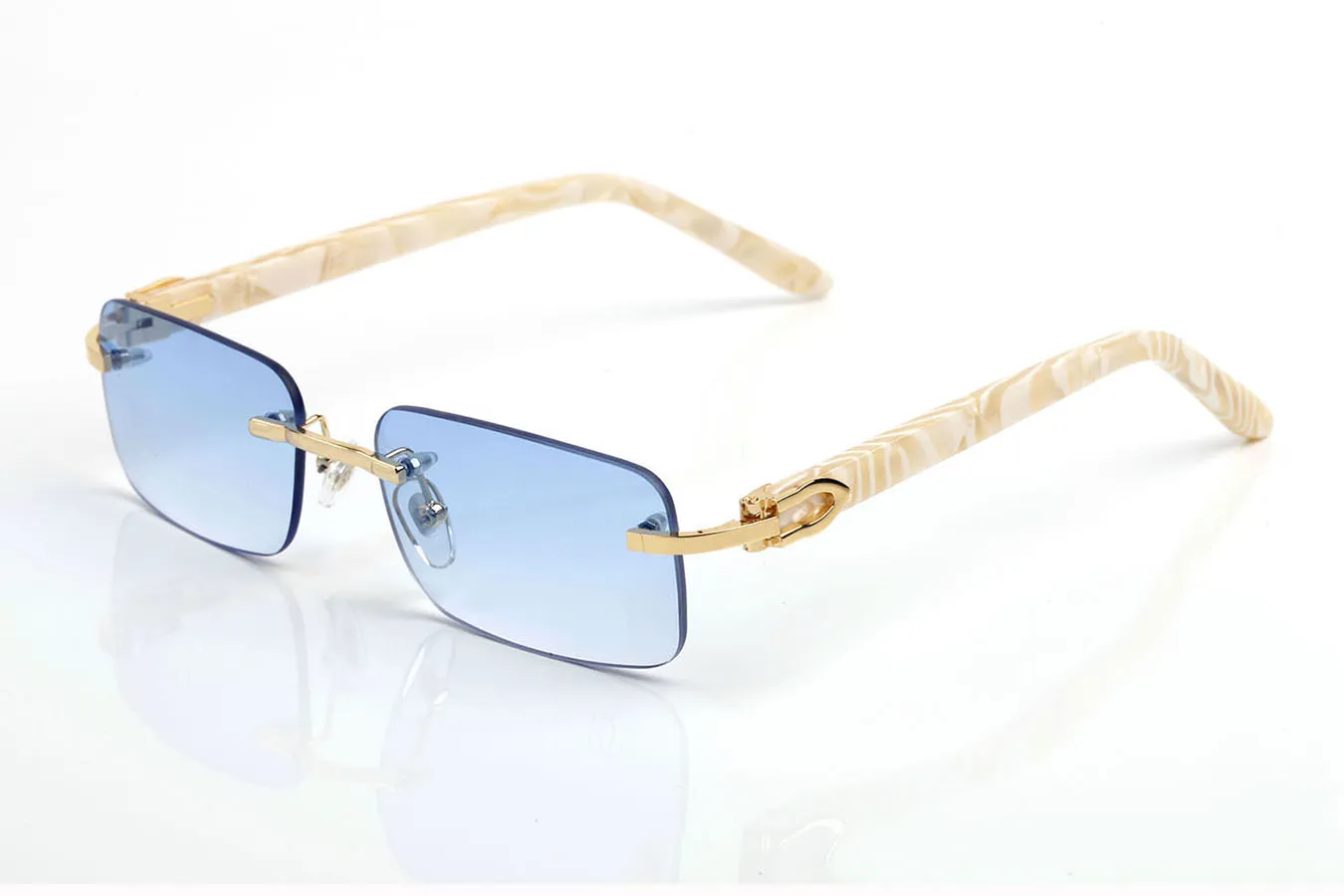 Herren-Designer-Brille, Sonnenbrille, randlos, quadratisch, blaue Linse, Pfirsich-Herz, Gold-Hardware, Polieren, Handwerk, modisch, rechteckig, C, dekorieren Sie den Arm, polierte Holzbrille