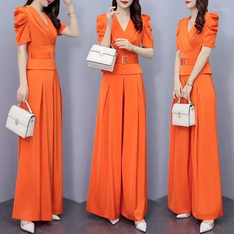 Женские брюки из двух предметов, летний наряд, 2023, блузка с короткими рукавами и широкими штанинами с высокой талией, приталенный оранжевый комплект