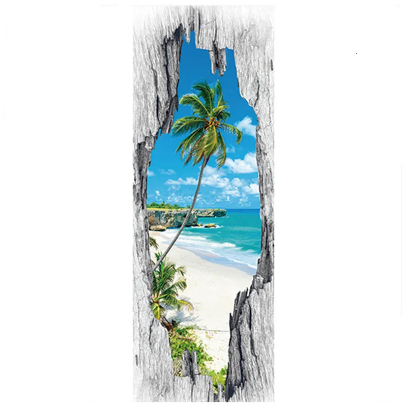 Other Decorative Stickers 50140cm sea view wallpaper Summer sunny Beach Palm Tree scenery 3d door stickers home decoration wall art sky landscape mural 230403