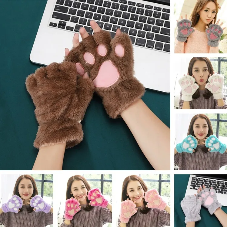 Fournitures de fête festives gants de patte de chat pour les femmes en hiver mignon fille patte d'ours gant en peluche épaissi chaud demi doigt gants LT112