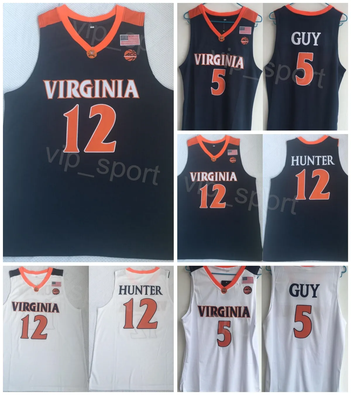 College Basketball 12 DeAndre Hunter Jersey Virginia Cavaliers 5 Kyle Guy Stitched Team Navy Blue White Color University Sport Breathable Shirt Size S-XXXL NCAA