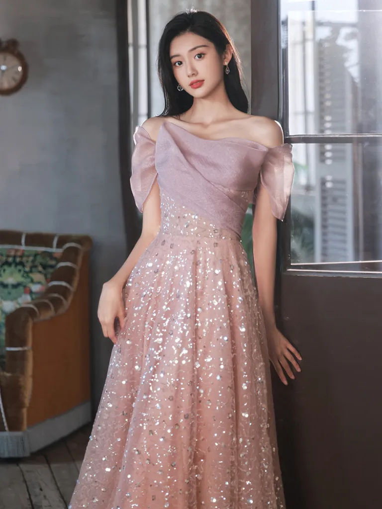 Aesthetic Prom Gown Korean Style Evening Gowns Pink Tulle Lace Long Prom  Dresses, A-Line Evening