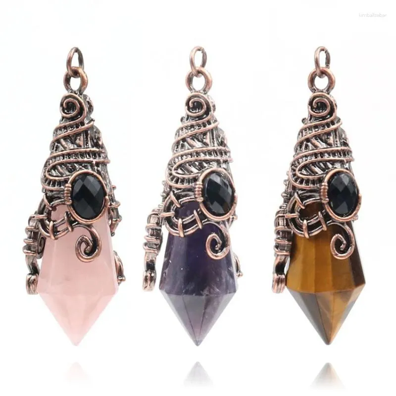 Pendentif Colliers Antique Fil De Cuivre Wrap Hexagone Prisme Beaucoup De Couleurs Quartz Pierre Vintage Style Bijoux