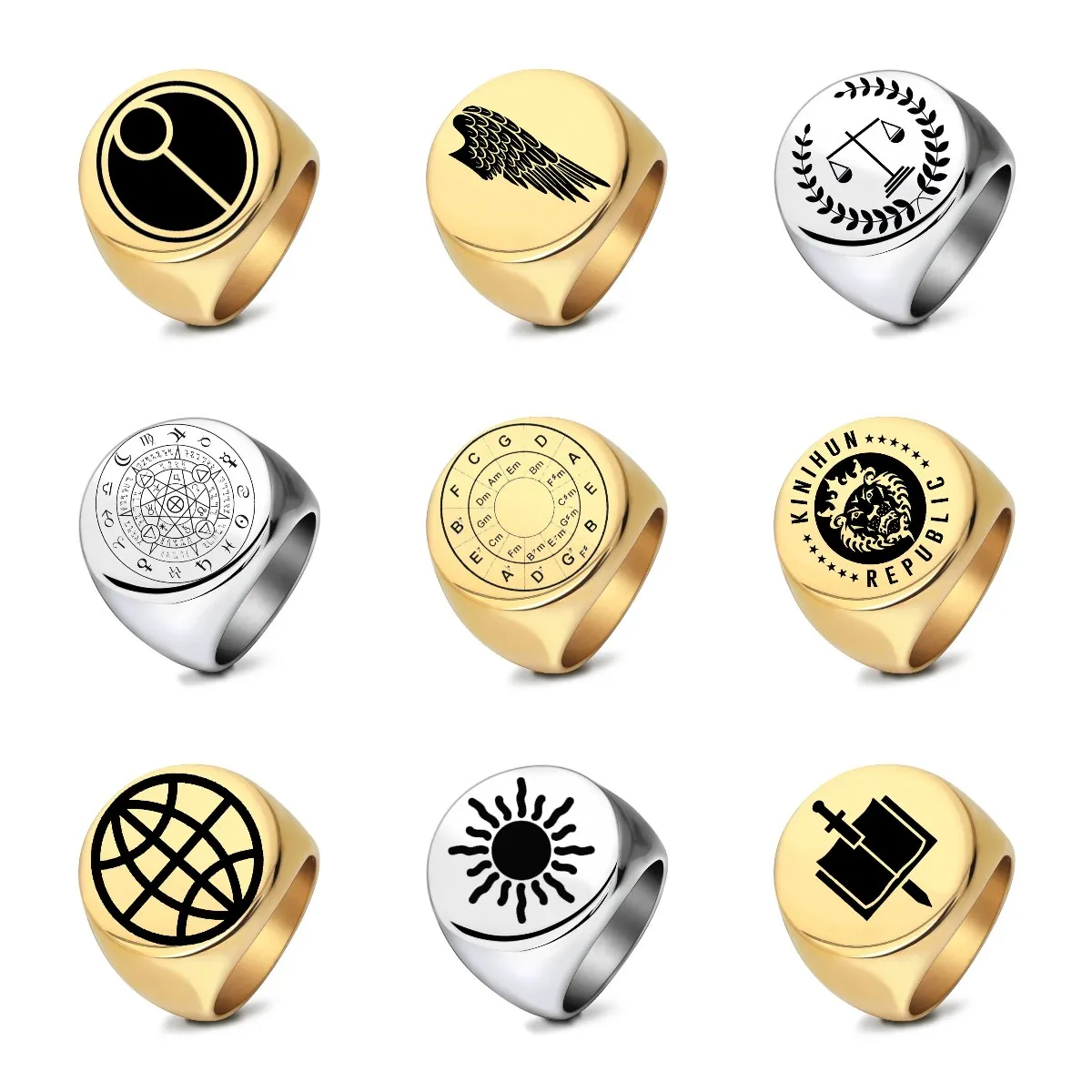 Neuer Titan-Edelstahl-Quadrat-Fingerring-Sonnen-Flügel-Basketball-Löwe Anit-Rost-Silber-Goldfarben-Ringe für Mann-Hip Hop-Punkrock-Geburtstags-Geschenk-Großverkauf Jewlery