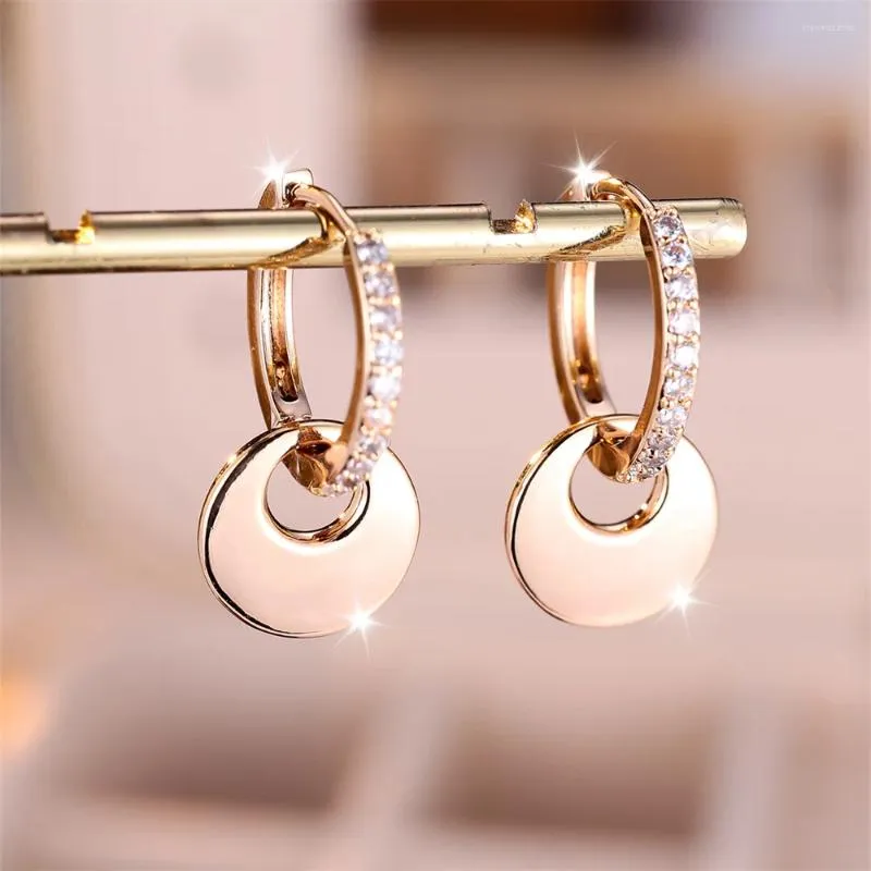 Hoop Earrings White Zircon Round Stone Champagne Gold Color Pendant For Women Simple Fashion Wedding Engagement Jewelry