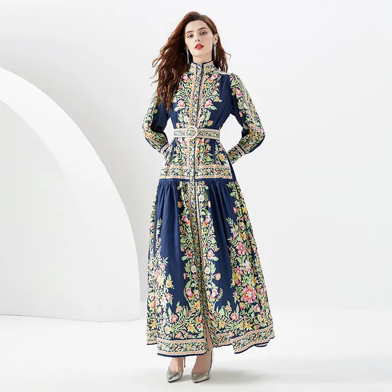 Stand Collar Floral Maxi Dress with Belt Woman Designer Stand Collar Slim Ruched Vacation Party Blue Vintage Long Dresses Robe 2023 Spring Autumn Runway Boho Frocks