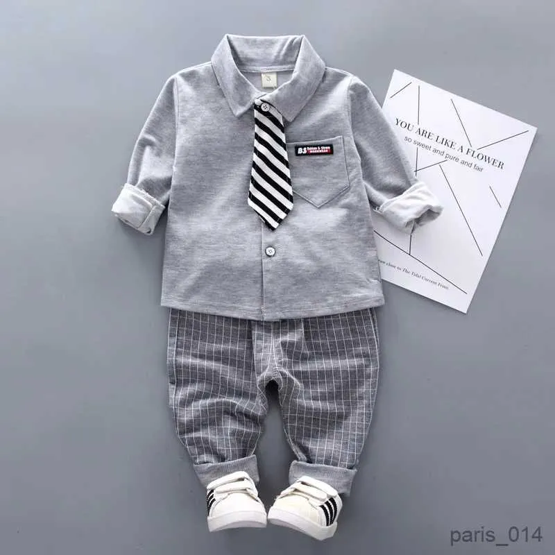 Kläder sätter pojkar solida kläder sätter vår höst baby bomull långärmad slips skjorta byxor 2 st barn elegant kostym 1-4y