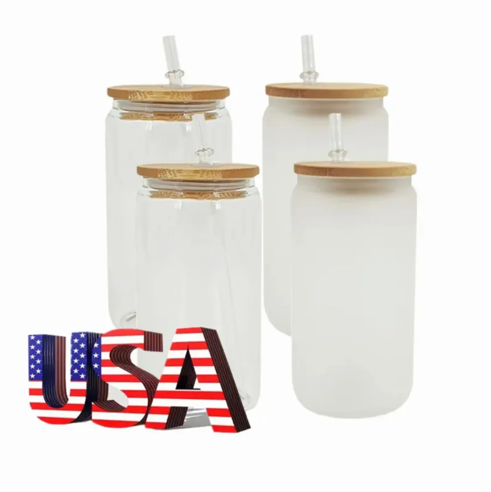 US Warehouse 16oz Sublimation Glass Beer Mugs Bamboo Lids Straw Tumblers DIY Blanks Cans Heat Transfer Cocktail Iced Coffee Cups Whiskey Glasses Mason Jars e0403