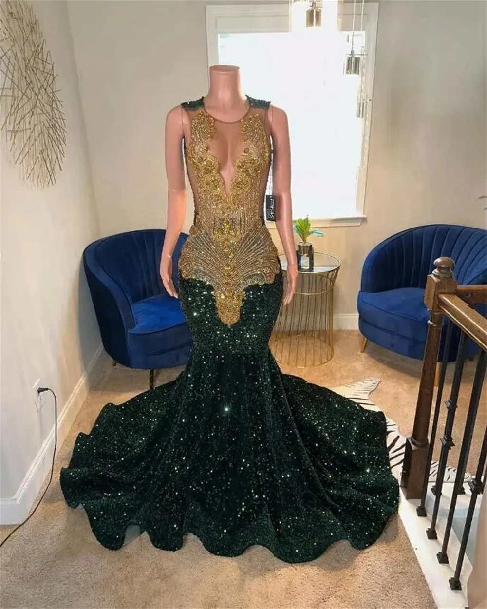 green and gold prom dress