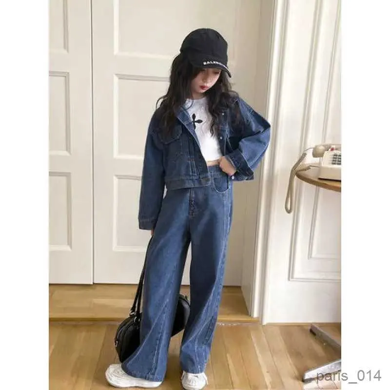 Ensembles de vêtements Vêtements pour bébés filles Vêtements pour enfants Filles Denim Veste courte Jeans taille haute Pantalon large Vêtements pour enfants Costume en denim