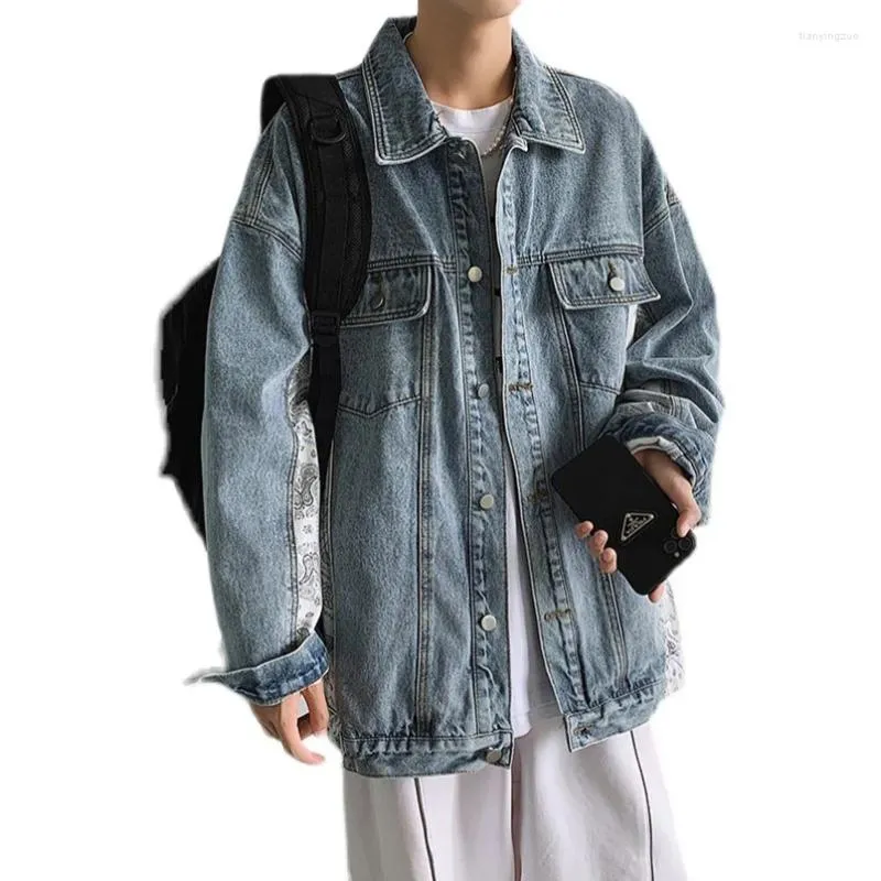 Jaquetas masculinas retalhos bandana denim jaqueta homens primavera outono casais adolescentes lavados vintage jean estilo coreano roupas na moda casaco