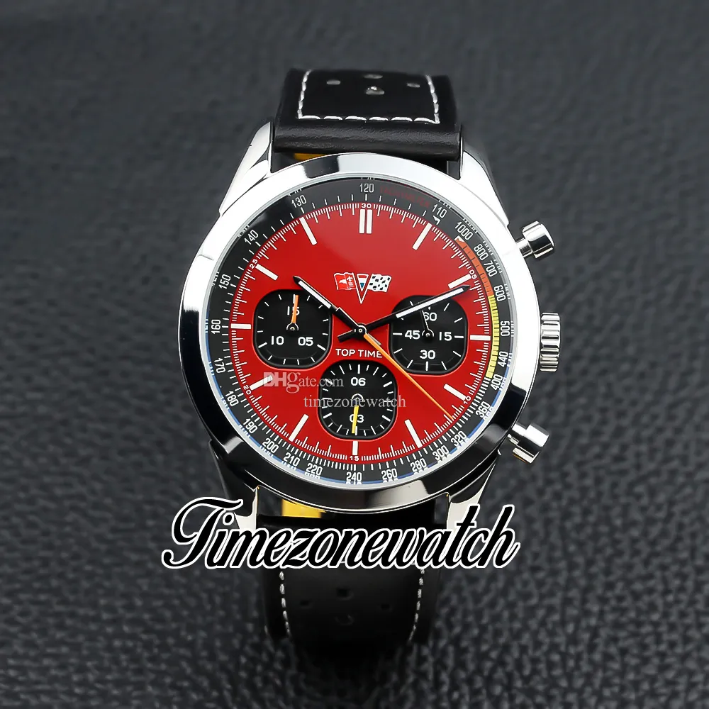 Top Time Chevrolet Corvette Quartz Chronograph Mens Watch A25310241K1X1 Steel Case Red Dial Stick Markers Black Leather Stopwatch Watches Timezonewatch Z12a