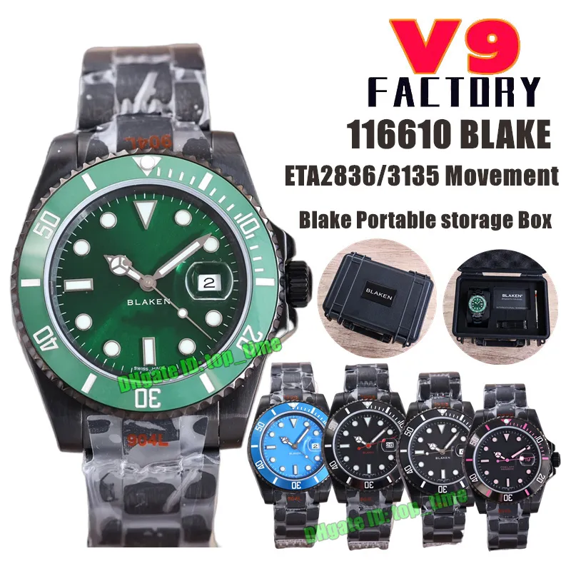 V9 Factory Watches V9F 116610 Blaken 40 mm 904L Datum Schwarz PVD ETA2836/3135 Automatik Herrenuhr Grünes Zifferblatt DCL Schwarz PVD Armband Herren Blaken Tragbare Aufbewahrungsbox