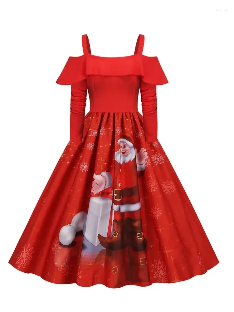 Casual Dresses 2023 Winter Christmas Dress Women Swing Snowfakes Sexy Off Shoulder Ruffles Long Sleeve Party Prom Midi Vestido 3xl